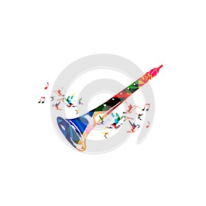 Colorful indian shehnai with music notes and hummingbirds isolated. Music instrument background vector illustration. Design for po photo