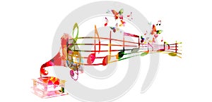 Creative music style template vector illustration, colorful gramophone with music staff and notes background. Design for poster, b