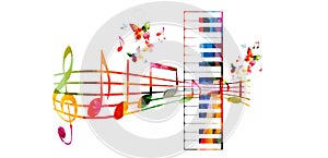 Creative music style template vector illustration, colorful piano keys with music staff and notes, music instruments background. D