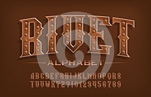 Rivet alphabet font. Steampunk rusty letters and numbers.