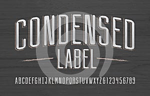 Condensed Label alphabet font. Vintage scratched letters and numbers. photo