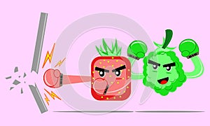 Illustration cartoon character of strawberry and grape destroy the wall with a smash hit