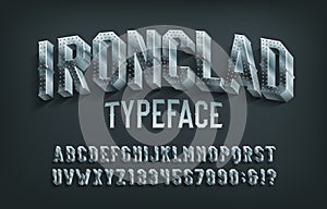 Ironclad alphabet font. 3D metal letters and numbers. photo