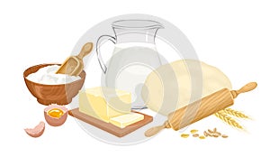 Baking ingredients set. Fresh dough, flour in bowl, jug with milk, butter, egg, rolling pin and ears of wheat