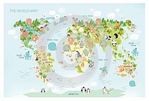 Print. Vector map of the world with cartoon animals for kids.