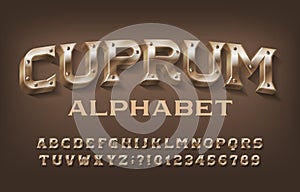 Cuprum alphabet font. Steampunk letters and numbers with screws.