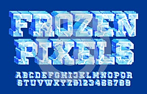 Frozen Pixels alphabet font. 3D ice letters and numbers.