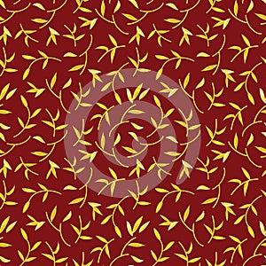 Seamless Green Leaf Pattern With Maroon Red Background