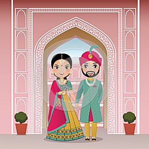 Wedding invitation card the bride and groom cute couple in traditional indian dress cartoon character