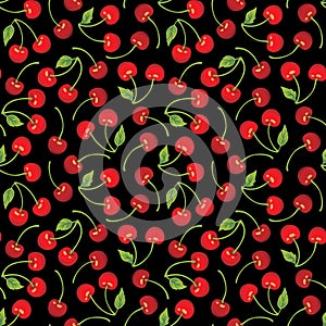 Red Cherry Seamless Pattern With Black Color Background photo