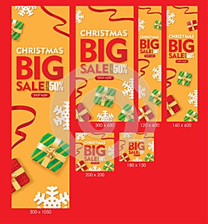 Christmas Big Sale Web Banners Orange Background with Gift box, Snowflakes, and Ribbons Set