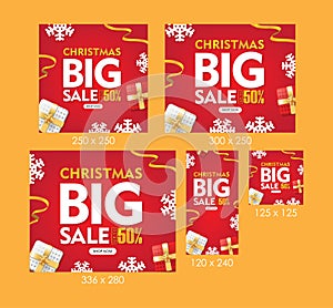 Christmas Big Sale Web Banners Red Background with Gift box, Snowflakes, and Ribbons Set