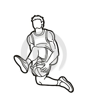 Basketball player action cartoon outline graphic vector