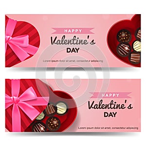 Happy valentine`s day pink banner set for website decorated with heart shaped chocolate gift box full with truffles.