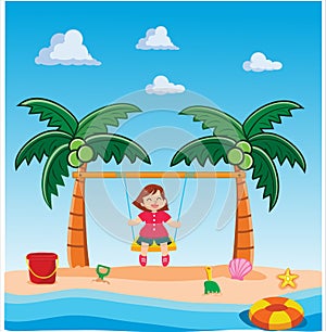 Little Girl Playing Swing on Beach Vector illustration in flat. summer holiday vacation.