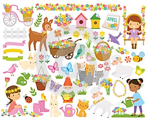 Spring clipart set with cute girls and animals photo