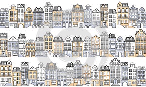 Vector seamless background with townhouses in European style. Hand-drawn houses in retro colors.