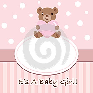 Baby Shower Invitation Card, Teddy Bear Holding Heart, Oval Shape Frame