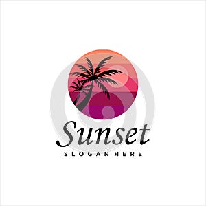 Sunset logo design, Tropical palm trees island silhouettes with Sunset