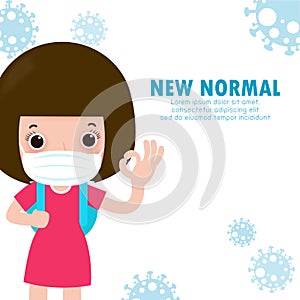 Back to school for new normal lifestyle concept. happy kids wearing face mask protect corona virus or covid 19, children