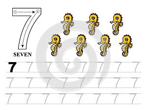 Educational page number for kids with number seven printable worksheet for preschool.Learning  number 7 with cute seahorse.