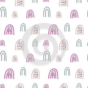 Valentines seamless pattern with love, amor and pastel rainbows. photo