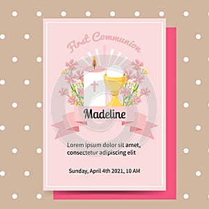 Cute pink first communion baptism invitation for kids girl.