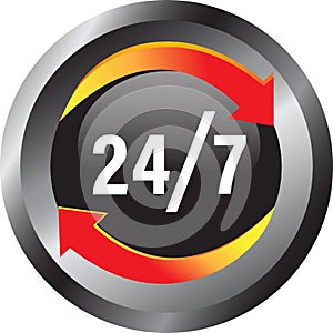 Vector image of a colorful icon button 24 7 with the arrows.