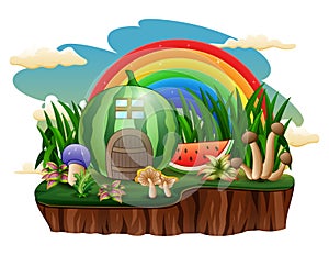 Illustration of watermelon house with a rainbow on the island
