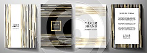 Modern black cover design set. Luxury creative line pattern in premium colors: black, gold, silver and white