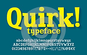 Quirk alphabet font. Hand drawn uppercase and lowercase letters, numbers, punctuation.