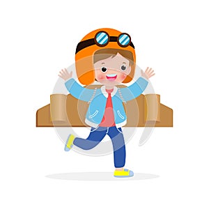 Happy Children Playing toy plane cardboard, Little cute kid in an astronaut costume, Portrait of funny child on a white background