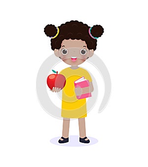 Happy american black children girl standing and holding book with apple, cute pupil reading a book kid back to school Flat Cartoon