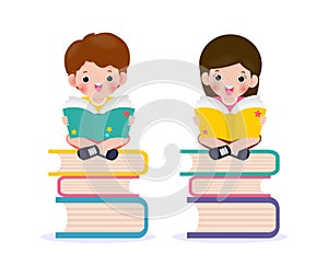 Set of cute little school children sitting and reading a book on stack of books, happy pupil reading a book at a top of a books