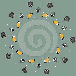 Cute round frame of gray parrots,  rainbow toucans, western gorillas characters heads and white circles on a gray background. Temp
