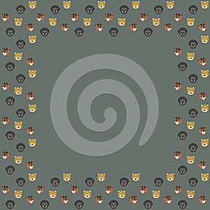 The square frame of funny okapi, leopard, and western gorillas cartoon portraits on a gray background. Empty blank for text.