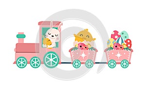 Cute pink easter train with rabbit and chick. Happy Easter celebration card design.