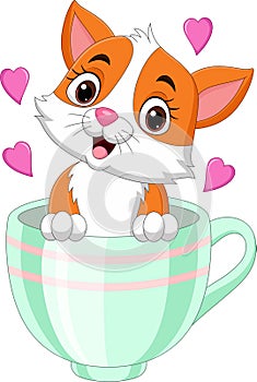 Cartoon cute kitten sitting in a cup with pink hearts