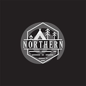 Vintage camping and outdoor adventure emblems, logos and badges. Camp tent in forest or mountains. Camping equipment. Vector