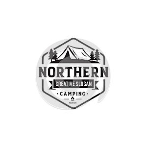 Vintage camping and outdoor adventure emblems, logos and badges. Camp tent in forest or mountains. Camping equipment. Vector.