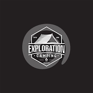 Vintage camping and outdoor adventure emblems, logos and badges. Camp tent in forest or mountains. Camping equipment. Vector