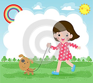 Happy cute young girl taking his dog for a walk outdoor in nature, children doing housework chores at home concept, female