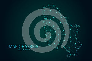 Map of Serbia - With glowing point and lines scales on the dark gradient background, 3D mesh polygonal network connections