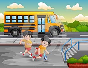 Cartoon boy kicking others kid leg and fall down