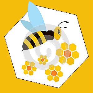 Flying bee with honeycomb flowers in a hexagon frame on a yellow background