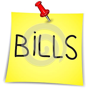 Bills  Word on a Note Paper with pin on white