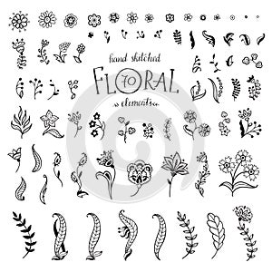 Vector Set hand-drawn decorative flowers and leaves. Floral collection isolated on white background.