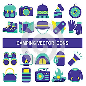 Camping vector icons in flat design style.