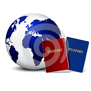 World travel. Earth and passport on white background photo