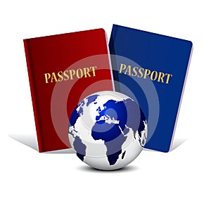 World travel. Earth and passport on white background photo